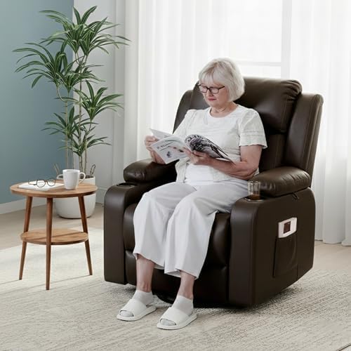 FLEXISPOT XL31 Power Lift Recliner Chair for Elderly, Electric Lift Chair with Massage & Heat, PU Leather Reclining Sofa w/Cup Holders for Living Room Bedroom, FSC Certified(Medium Size,Brown)
