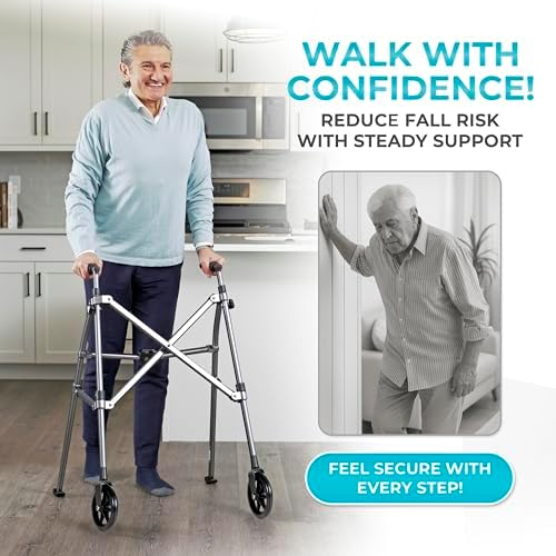 Stander Space Saver Walker, Lightweight Folding Rolling Mobility Aid for Seniors & Adults, Compact 2-Wheel Disability Device with 6-inch Wheels & Ski Glides for Walking Support, Black Walnut