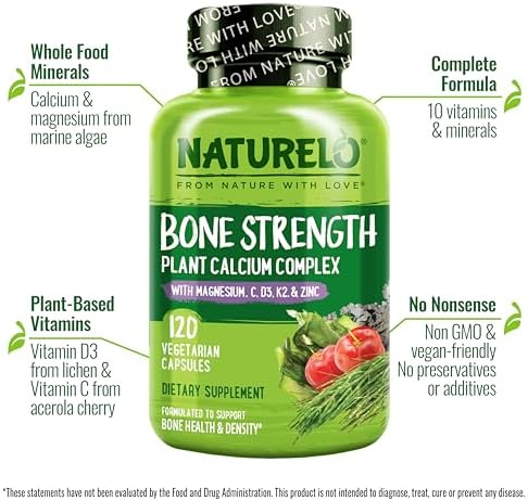 NATURELO Calcium Supplement - with Vitamin C, Vitamin D3, K2, and Calcium Magnesium Zinc for Bone Strength with Calcium 600mg - Plant-Based, 120 Vegetarian Capsules, Non-GMO, Soy & Gluten-Free