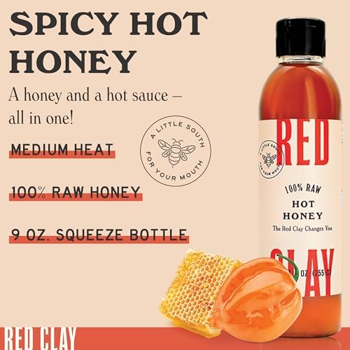 Red Clay Hot Honey - Gluten Free - Paleo Spicy Honey - 100% Pure, Raw Wildflower Honey - Infused Honey with Habanero Peppers - Sweet with a Kick of Heat - Great for Spicy Pizza Topping & More - 9 oz