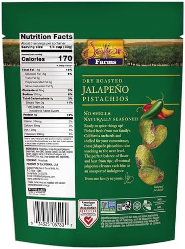 Setton Farms Naturally Seasoned Pistachio Kernels, Jalapeno, No Shell Pistachios, Certified Non-GMO, Gluten Free, Vegan and Kosher, 5 oz Resealable Pouch