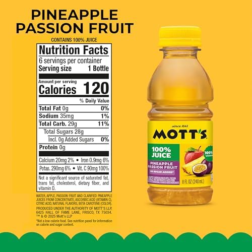 Mott’s 100% Pineapple Passion Fruit Juice Blend, 8 fl oz bottles, 24 Count (4 Packs Of 6)