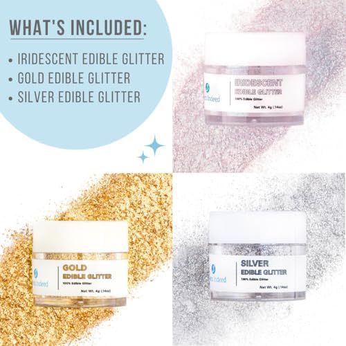 Sweets Indeed Edible Glitter, Perfect for Drinks, Cocktails, Beverages & Cake Decorating, Dessert Cake Topper, 4 grams, 3 Pack, New Years