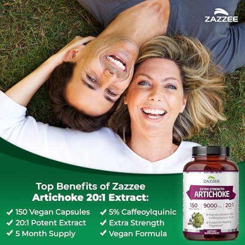 Zazzee Extra Strength Artichoke 20:1 Extract, 5% Caffeoylquinic Acid, 150 Vegan Capsules, 5 Month Supply, Cynara Scolymus, Digestive & Liver Detox Support, Herbal Supplement, Non-GMO, Made in the USA