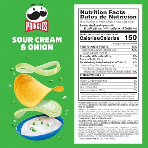 Pringles Potato Crisps Chips, Lunch Snacks, On-The-Go Snacks, Sour Cream and Onion, 5.5oz Can (1 Can)