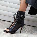 UTIKLIOU Women's Mesh Sandals Peep Toe High Top Sandals Lace Up Summer Boots Buckle Strap Party Sexy Pump Shoes Open toe