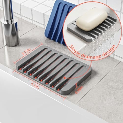 4-Pack Self Draining Soap Dish for Shower Bathroom Waterfall Silicone Soap Saver Tray Sponge Holder for Kitchen Sink Non-Slip Easy Clean (Gray)