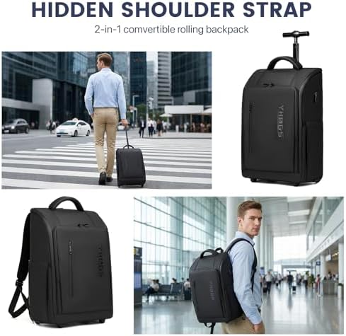 Rolling Backpack with Wheels, Waterproof Wheeled Backpack with USB Ports for Men Women, 15.6 Inch Travel Laptop Backpack with Wheels for Adults, Roller Carry-On Luggage Bag for Business Work