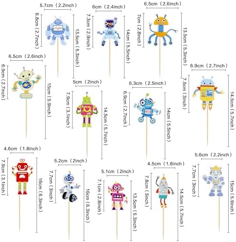 Ercadio 36 Pack Robot Cupcake Toppers Printed Cartoon Robots Cupcake Picks Robot Gear Cake Decorations for Robot Theme Boys Birthday Baby Shower Party Cake Decoration Supplies