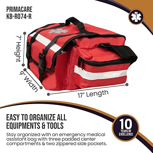 Primacare KB-RO74-R First Responder Trauma Bag, 17" x 9" x 7", Red — EMT/EMS Medical Supply Organizer with Padded Dividers, Multiple Compartments, Side Pockets, Reflective Strip, Durable Design