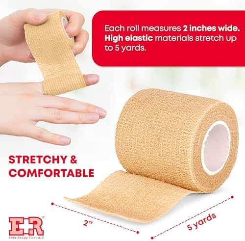Ever Ready First Aid Self Adherent Cohesive Wrap Bandages, 2” x 5 Yards for First Aid, Sprains, Swelling, Sports, Pets, Tan Color – 12 Count