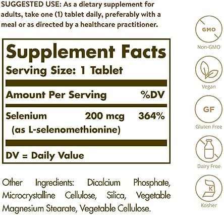 Solgar Yeast-Free Selenium 200 mcg, 250 Tablets - Supports Antioxidant & Immune System Health - Non-GMO, Vegan, Gluten Free, Dairy Free, Kosher - 250 Servings