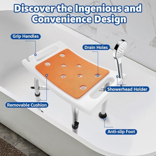 Shower Chair Bath Stool Seat 350 Lbs, Height Adjustable Bath Bench with Padded Seat for Seniors, Shower Stool Chair for Inside Shower, Shower Seat Stool with Heavy Duty Crossbar Support (Orange)