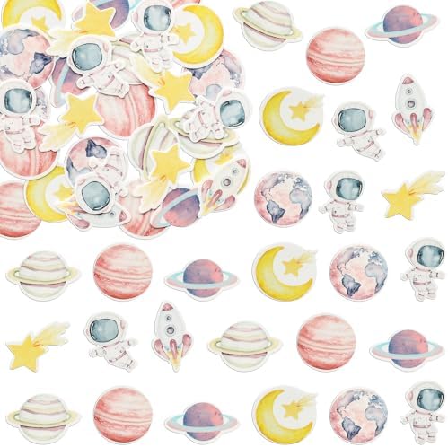 Ephlyn 54Pcs Edible Space Astronaut Cupcake Toppers Edible Rice Paper Space Girl Moon Star Rocket Planet Cupcake Picks Space Theme Women Men Birthday Party Anniversary Party Decorations Supplies Pink