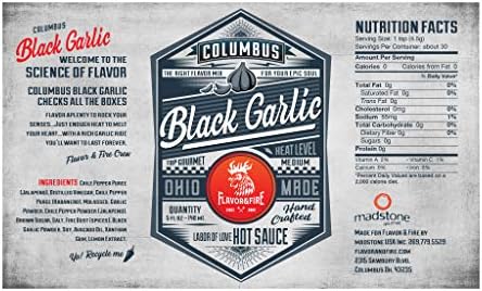 Flavor and Fire Foods, Black Garlic, Columbus Hot Sauce, Pepper Infused, Award Winning, North Market Hot Sauce, Amazing Flavor, Great on Meat, Poultry, Seafood, Tofu, Made in Ohio (5oz, Black Garlic)