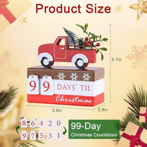 DECSPAS Christmas Countdown Decorations, 99 Days Until Christmas Advent Calendar Wooden Stacked Book Truck, Xmas Table Decorations for Home Indoor Living Room Bedroom Mantel Decor