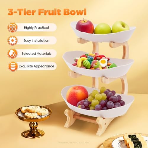 3 Tier Fruit Bowl Basket, Plastic Oval Bowl Set for Fruit&Snack, Fruit Holder with Bamboo Wood Stand, Server Tray Fruit Basket for Fruit Vegetable Storage (Pink)
