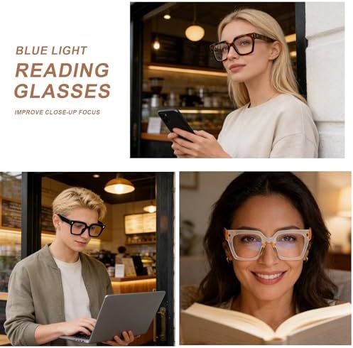 AQWANO Blue Light Reading Glasses Women, Fashion Oversized Square Computer Readers, 3-Pack Large Frame Eyeglasses