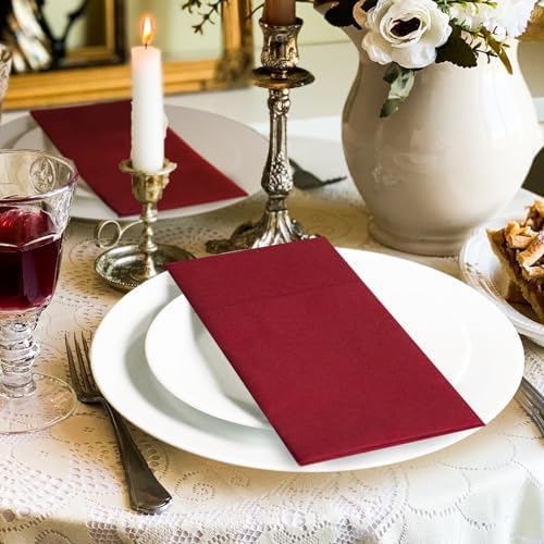KAMMAK Burgundy Napkins Disposbale Wine Red Cloth like Paper Dinner Napkins with Pocket 100 Pack Guest Hand Towel for Party Decoration, Wedding Reception, Bathroon, Restaurant (16.5 x 16.5 inch)