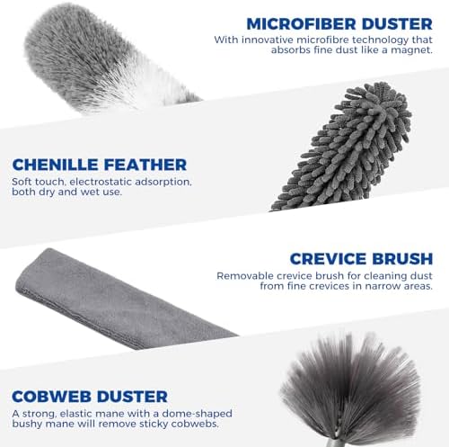 9Pcs Dusters for Cleaning Kit, Extendable Microfiber Duster Tools with 100" Long Pole, Retractable Gap Bendable Dust Cleaner, Reusable Washable Cleaning Supplie for Ceiling Fan Furniture Cars and Home