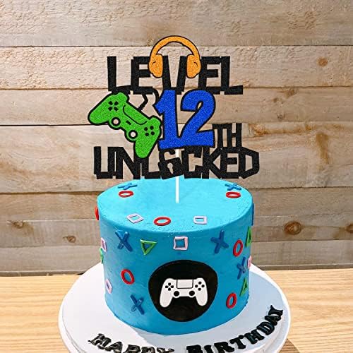 Level 12th Unlocked Cake Topper, Happy 12th Birthday Level Up Cake Decoration, Video Game Controller Play Game Theme, Boy’s Twelfth Birthday Party Supplies