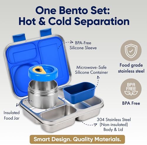 Stainless Steel Bento Lunch Box with 8 oz Insulated Food Jar – 54 oz – Leak-Resistant 3-Compartment Kids & Adult Metal Meal Container with Silicone Container and Thermo for Work & School, BPA-Free