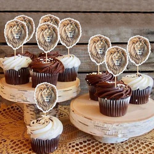 Ercadio 24 PCS Lion Cupcake Toppers Jungle Safari Animal Picks for Lion Wild Animal Theme Baby Shower Kids Boys Girls Birthday Party Cake Decorations