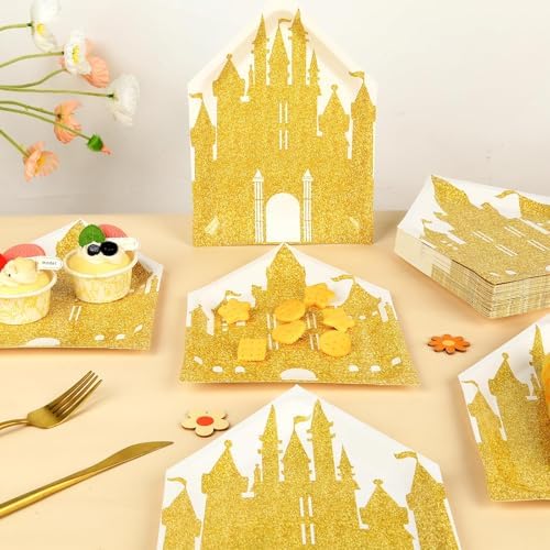 50Pcs 10 Inch Princess Castle Shaped Paper Plates Gold Glitter Castle Party Decorations Princess Disposable Dinner Plates Fairytale Themed Tableware for Girls Birthday Party Baby Shower Decoration