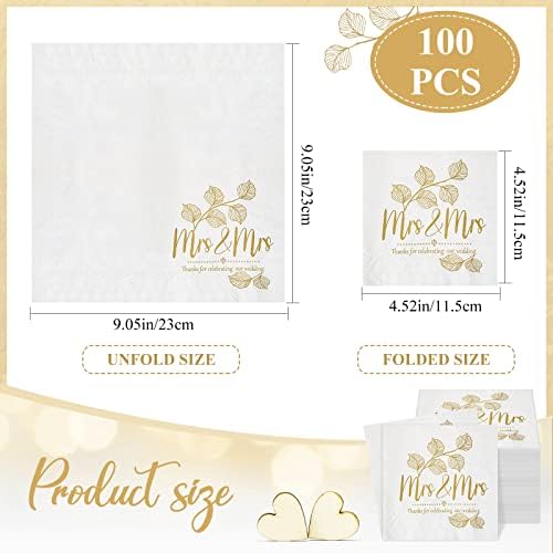 Kosiz 200 Pcs Mrs and Mrs Wedding Napkins Gold Cocktail Beverage Dessert 3 Ply Paper Napkins for Reception Lesbian Wedding Decorations for Cake Table LGBT Engagement Party Shower