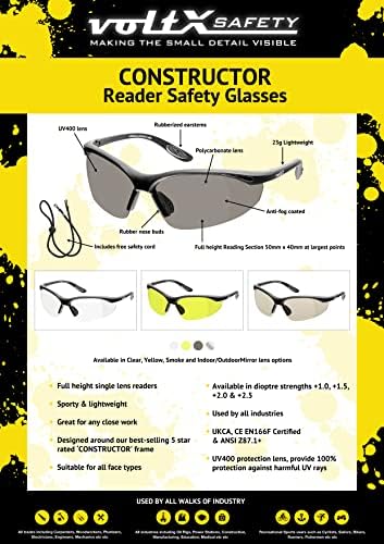 voltX 'Constructor' SAFETY READERS Full Lens Reading Safety Glasses (+1.5 Dioptre, Smoke) ANSI Z87.1+ & CE EN166F, Wraparound Style - Includes Safety Cord with headstop - UV400 anti fog coated lens