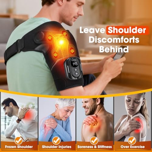 Cordless Shoulder Heating Pad with Massage, Heated Shoulder Brace with Remote Control, Shoulders Massager with Heat and Vibration for Rotator Cuff Relief, Men and Women Shoulder Pain Relief