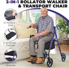 Metro Mobility 2 in 1 Rollator Walker & Transport Wheelchair, Foldable Lightweight Rollator Walker with Seat for Seniors, 8" Big Wheels for All Terrain, 300 lb. Weight Capacity, Purple