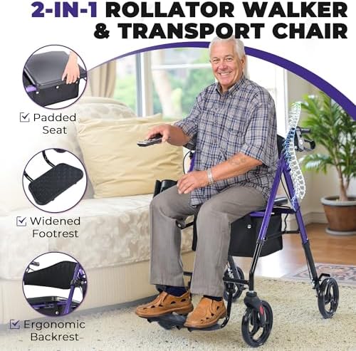 Metro Mobility 2 in 1 Rollator Walker & Transport Wheelchair, Foldable Lightweight Rollator Walker with Seat for Seniors, 8" Big Wheels for All Terrain, 300 lb. Weight Capacity, Purple