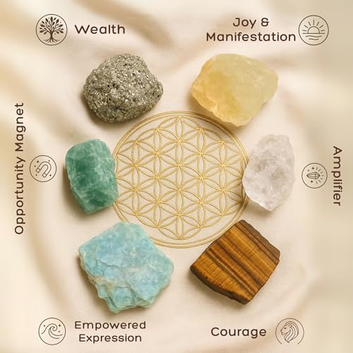 Anima Premium Abundance Healing Crystals Set for Success & Good Luck - Large Raw Citrine, Pyrite, Tigers Eye, Green Aventurine, Amazonite & Clear Quartz - Wooden Gift Box and Guide Booklet Included
