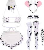 Women Sexy Milk Cow Lingerie Set Anime Maid Cosplay Costume Mini Bikini Bra Bodysuit with Bell Choker Stockings Outfit