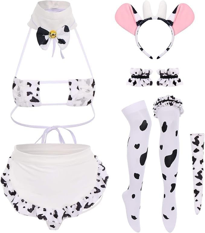 Women Sexy Milk Cow Lingerie Set Anime Maid Cosplay Costume Mini Bikini Bra Bodysuit with Bell Choker Stockings Outfit