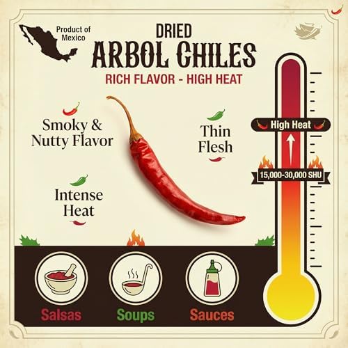 Chile De Arbol 4oz - Dried Whole Red Chili Peppers, Premium All Natural Stemless, Resealable Bag. Use in Mexican, Chinese and Thai Dishes. Spicy Hot Heat Full of Flavor