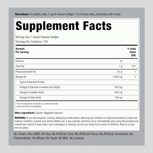 Piping Rock Borage Oil Supplement | 1000 mg Softgel Capsules | 120 Count | Cold Pressed | Hexane Free | Non-GMO, Gluten Free Supplement