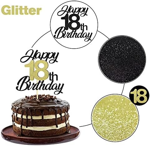 Sumerk Happy 18th Birthday Cake Toppers Black & Gold Glitter 18th Birthday Cake Decorations 18 Cake Topper for Birthday Party