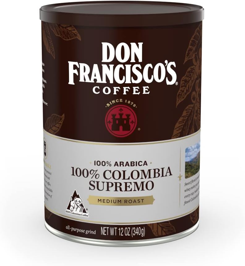 Don Francisco's Premium 100% Colombia Supremo Ground Coffee: Rich, Aromatic 100% Arabica Beans - Family Crafted Flavored Coffee for a Delightful Morning Brew (12 oz Can)