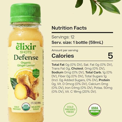 Elixir Shots, Ginger Lemon Wellness Shot with 100% Cold-Pressed Organic Ingredients, No Added Sugars or Artificial Ingredients, Defense Supershot, 12-Pack