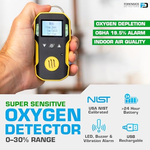 Oxygen Detector by Forensics | USA NIST Calibration & Certificate | Dust & Explosion Proof | USB Recharge | Sound, Light and Vibration Alarms | 0-30% O2 |