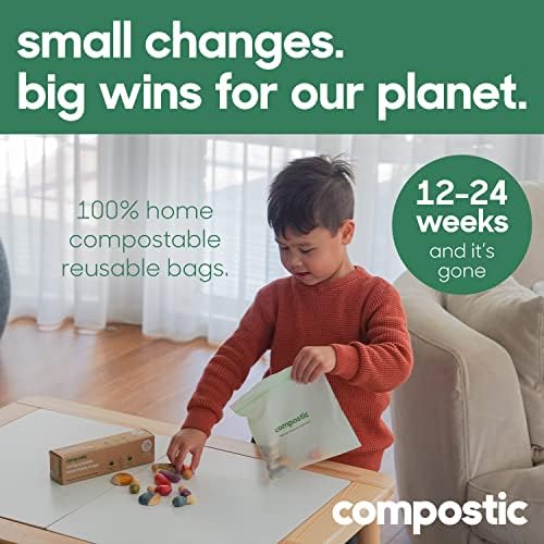Compostic Home Compostable Resealable Sandwich Bags, Microwave & Freezer Safe, Organic Food Storage Container, 60 Count