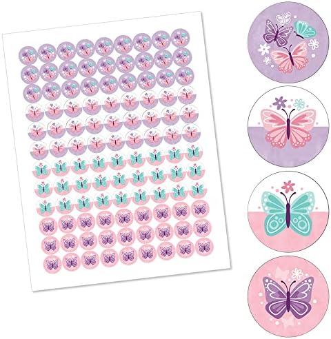 Big Dot of Happiness Beautiful Butterfly - Floral Baby Shower or Birthday Round Candy Sticker Favors - Labels Fit Chocolate Candy (1 sheet of 108)