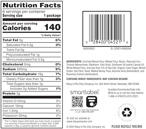 Stacy’s Pita Chips, Sea Salt, No Artificial Colors or Flavors, 1 Oz (Pack of 6)