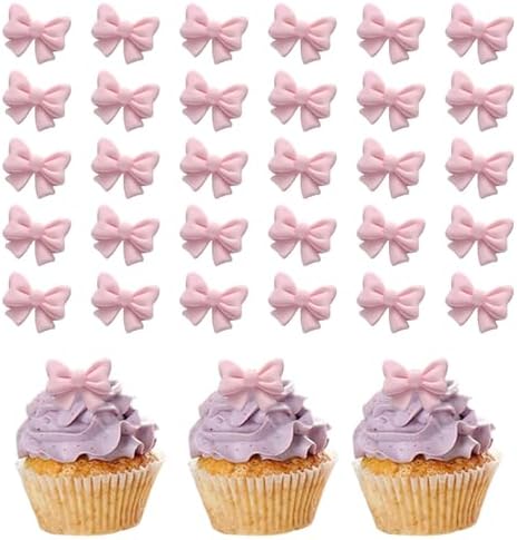 30 Pcs Bowknot Cupcake Toppers Pink Bow Cake Picks Bridal Engagement Wedding Baby Shower Birthday Party Theme Decoration Supplies