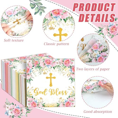 100Pcs God Bless Flower Napkins Baptism Paper Napkins Pink Floral Disposable Napkin First Holy Communion Party Decors for Mi Bautizo Christening Celebration Baby Shower Religious Party Supplies