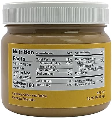 Nutural World - Smooth Cashew Nut Butter 35 Oz (1kg) - Great Taste Award Winner - 100% pure single ingredient
