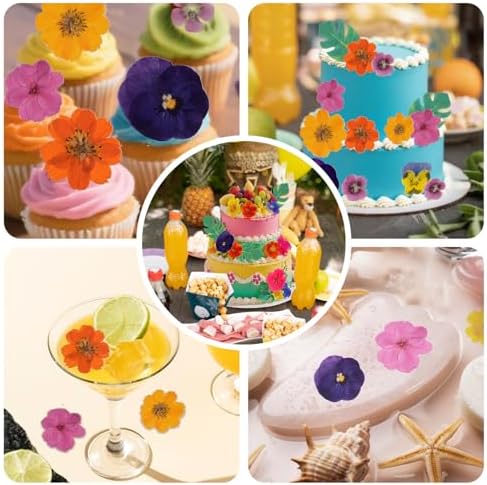 60 PCS Real Edible Flower Tropical Cupcakes Cake Decoration, Hibiscus Flowers Turtle Back Leaves Cartoon Birthday Cake Toppers -Hawaiian Series Theme Wedding, Party, Cocktails