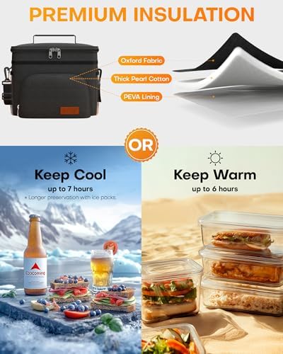 HOTOR Insulated Lunch Box for Men & Women - Leak-Proof Cooler Lunch Bag with 4 Pockets, Adjustable Strap, Ideal for Work, Picnic, Travel - Medium, Black, 10.2"×6.9"×8.5"